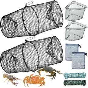 2 Set Minnow Trap Crawfish Trap with Closure Spring Clip Hand Ropes Bait Bag and Fishing Landing Net Bait Trap for Crayfish Crawdad Lobster Crab Metal Net Cage Fishing Accessories