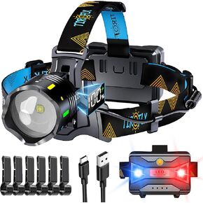 160000LM 10 Modes Headlamp Sensor Red Blue Warning Zoomable & Energy Saving, 90H Battery Standby Head Lamp, IP68 Waterproof & 125° Adjustable Head light for Outdoor Camping Hiking Hunting Hardhat