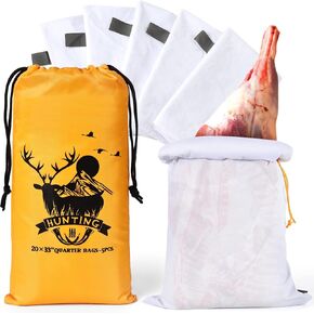 Deer Game Bags Elk Hunting Bag Taslon Meat Bag Reusable 33-Inch Heavy Duty Drawstring Hunting Meat Bags Game Quarter Bag with Reflective Strip, 5 Pack
