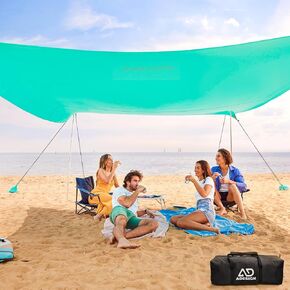 Windproof Beach Tent Sun Shelter with 8 Sandbags, Wind Resistant Large Family Beach Canopy with Sand Shovel, UPF50+, 6.5 FT Tall, Easy Setup Sun Shade for Beach Vacation