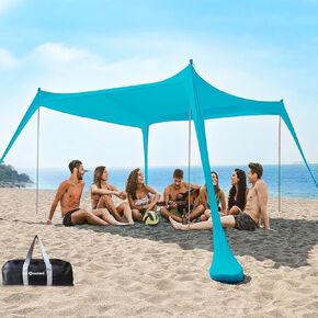 Beach Tent Sun Shelter 10 x 10ft, with 4 Aluminum Poles, Includes Sand Shovel, Ground Pegs and Carry Bag, Outdoor Pop Up Beach Shade Canopy for Camping, Fishing, Backyard Fun or Picnics