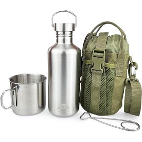 Canteen 42oz Single Wall Water Bottle with 24oz Nested Camping Cup and Carrier Bag, Stainless Steel, Bushcraft Gear, Wide Mouth Water Bottle, Survival Gear, Water Boiler, Self Reliance