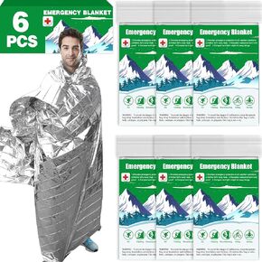 6 Pack Emergency Thermal Blanket Survival, 84" x 52" Mylar Blanket, Space Blanket, Silver Foil Blanket, Survival Kit Camping Blanket, Body Warmer Blanket for Outdoor, First Aid, Hiking