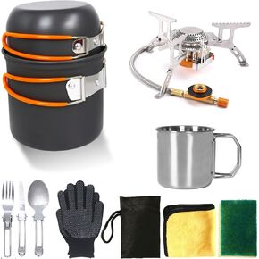 Camping Mess Kit - Camping Cooking Set, Camping Essentials with Camping Pot, Backpacking Stove, Cup, Cleaning Tools and Fork Spoon Kit, for Camping Hiking and Picnic