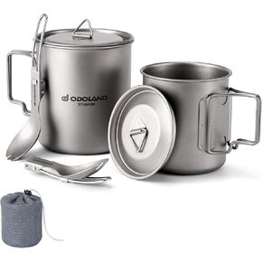 Odoland Titanium Camping Cookware 420ML & 750ML Titanium Pot with Lid and Spork Lightweight Camping Pot for Backpacking Hiking Traveling and Picnic