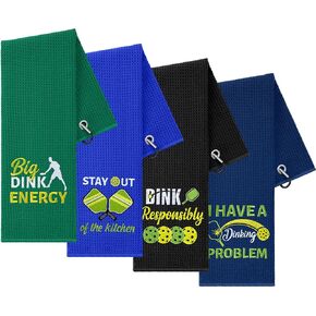 Hosuly 4 Pieces Funny Dinkball Towels Microfiber Cotton Athletic Towels with Clip Embroidered Towel Gift for Men Women Dinkball Lovers(Men,Stylish)