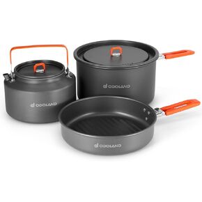 Odoland Camping Cookware Mess Kit, Camping Cooking Pot Fry Pan and 1.1L Kettle Set, Portable Camping Cookware Set with Mesh Bag for Camping, Backpacking, Outdoor Cooking and Picnic
