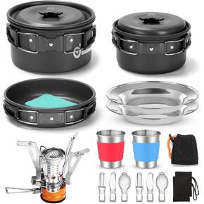 Odoland 16pcs Camping Cookware Mess Kit with Folding Camping Stove, Non-Stick Lightweight Pots Pan Set with Stainless Steel Cups Plates Forks Knives Spoons for Camping, Backpacking, Outdoor Cooking