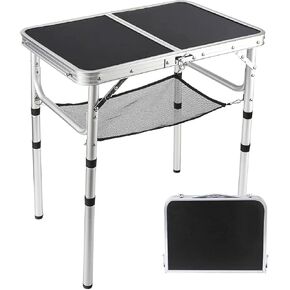 Small Folding Table 2 Foot, Portable Camping Table with Mesh Holders,Lightweight Aluminum Adjustable Height, with Carry Handle for Camping Picnic Indoor Outdoor, White 24 x 16 inch (3 Heights）