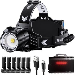 990000 Lumen Rechargeable LED Headlamp, 60H Long Lasting Battery Life Head Lamp with 5 Modes & IPX7 Waterproof & Zoomable, 120° Adjustable Headlamps for Adults, Camping, Hardhat, Outdoor