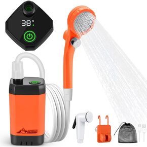 WADEO Portable Shower for Camping, Outdoor Electric Shower Rechargeable Pump with Intelligent Digital Display, Camping Shower Head Nozzle for Camping, Hiking, Traveling, Washing