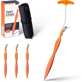 4 Pack Heavy Duty Tent Stakes, 7" Wave-Shaped Ultralight Tri-Beam Stakes with Storage Bag & 1 Stopper T Pull Hook