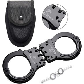 Double Lock Hinged Handcuffs with Two Keys & Handcuffs Case | Heavy Duty Black Steal Professional Grade | Bend/Break Free Secure Handcuffs
