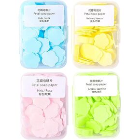 Portable Flower-Shaped Soap Sheets - 4-Pack (400 Sheets) - Lemon, Milk, Rose, and Jasmine Scents with Dust-Proof PP Case