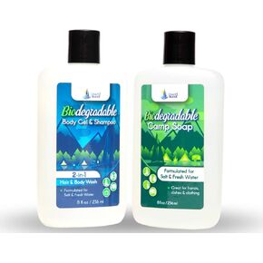 Biodegradable Cleaner Formulated for Nature - Organic 8 oz Camping Companion - For Fresh & Salt Water, No Dies or Fragrances, Organic Body Wash, Travel Size Body Wash, Travel Shampoo (Soap Kit)
