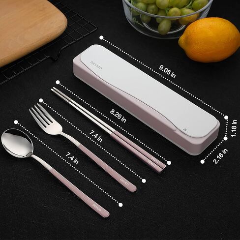DEVICO Travel Utensils, 18/8 Stainless Steel 4pcs Cutlery Set Portable Camp Reusable Flatware Silverware, Include Fork Spoon Chopsticks with Case (Pink) in Saudi Arabia