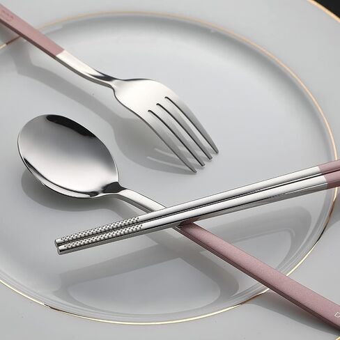 DEVICO Travel Utensils, 18/8 Stainless Steel 4pcs Cutlery Set Portable Camp Reusable Flatware Silverware, Include Fork Spoon Chopsticks with Case (Pink) in Saudi Arabia