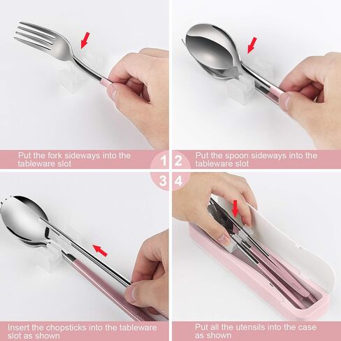 DEVICO Travel Utensils, 18/8 Stainless Steel 4pcs Cutlery Set Portable Camp Reusable Flatware Silverware, Include Fork Spoon Chopsticks with Case (Pink) in Saudi Arabia