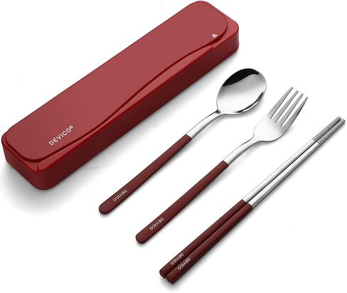 DEVICO Travel Utensils, 18/8 Stainless Steel 4pcs Cutlery Set Portable Camp Reusable Flatware Silverware, Include Fork Spoon Chopsticks with Case (Pink) in Saudi Arabia