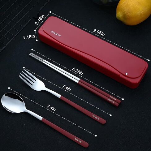 DEVICO Travel Utensils, 18/8 Stainless Steel 4pcs Cutlery Set Portable Camp Reusable Flatware Silverware, Include Fork Spoon Chopsticks with Case (Pink) in Saudi Arabia