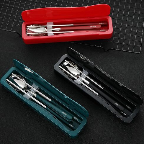 DEVICO Travel Utensils, 18/8 Stainless Steel 4pcs Cutlery Set Portable Camp Reusable Flatware Silverware, Include Fork Spoon Chopsticks with Case (Pink) in Saudi Arabia