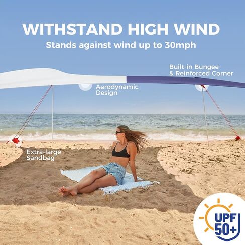 WEKAPO Beach Shade Canopy, 10x10 FT Beach Tent Sun Shelter with 4 Poles, Large Sand Shovel and Ground Pegs, UPF 50+ Outdoor Shade for Camping Trips, Fishing (Navy, 10x10 FT 4 Pole) in Saudi Arabia