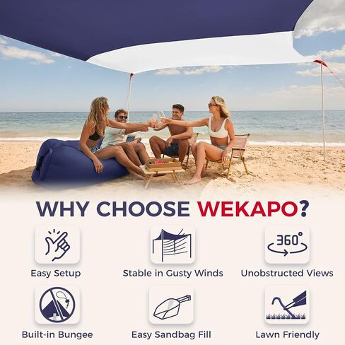 WEKAPO Beach Shade Canopy, 10x10 FT Beach Tent Sun Shelter with 4 Poles, Large Sand Shovel and Ground Pegs, UPF 50+ Outdoor Shade for Camping Trips, Fishing (Navy, 10x10 FT 4 Pole) in Saudi Arabia