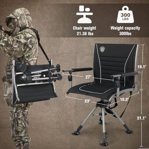 كرسي صيد دوار صامت 360 درجة من أي وقت مضى للستائر، مقاعد صيد قابلة للطي قابلة للتعديل مع مساند للذراعين للأنشطة الخارجية، صيد الأسماك، دعم 300 رطل in Kuwait