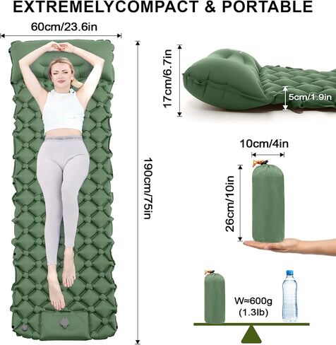 Sleeping Pad for Camping - Inflatable Camping Mat, Ultralight Air Mattress,Built-in Foot Pump Backpacking Sleeping Pad,Compact Sleeping Mats for Camping、Hiking、Traveling (Forest Green) in Saudi Arabia