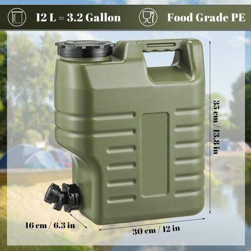 إبريق ماء للتخييم سعة 3.2 جالون، حاوية مياه للتخييم باللون الأخضر مع حنفية، خزان مياه محمول للتنزه في الهواء الطلق ومستلزمات الطوارئ للنزهات، خالية من مادة BPA in Kuwait