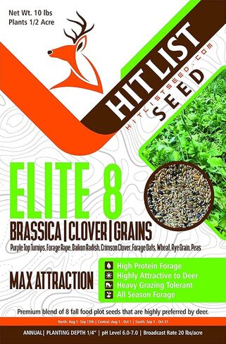 Elite 8 Fall Deer Food Plot Blend, 10 lbs (1/2 Acre) -Turnip, Radish, Forage Brassica, Clover, Wheat, Rye, Oats, Peas, Whitetail, Blacktail, Deer, Elk, Hunting, High Protein, Attractive in Saudi Arabia