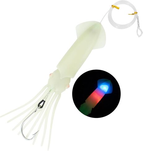 BLUEWING Upgraded Lighted Glow Squid Lure 9/12in Soft Fishing Trolling Squid Lure Water Activate LED Dual-End Flashing Lights Lure with SS Trolling Hook and 300lb Mono Line Deep Drop Light Up to 150h in Kuwait