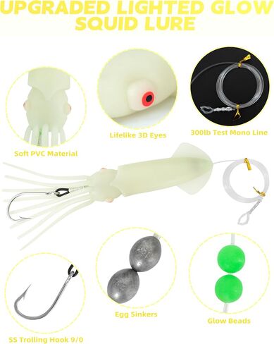BLUEWING Upgraded Lighted Glow Squid Lure 9/12in Soft Fishing Trolling Squid Lure Water Activate LED Dual-End Flashing Lights Lure with SS Trolling Hook and 300lb Mono Line Deep Drop Light Up to 150h in Kuwait