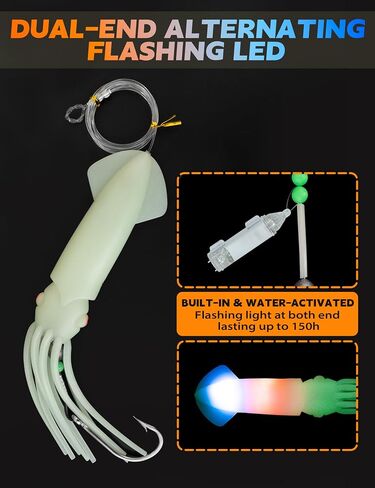 BLUEWING Upgraded Lighted Glow Squid Lure 9/12in Soft Fishing Trolling Squid Lure Water Activate LED Dual-End Flashing Lights Lure with SS Trolling Hook and 300lb Mono Line Deep Drop Light Up to 150h in Kuwait