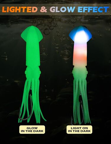 BLUEWING Upgraded Lighted Glow Squid Lure 9/12in Soft Fishing Trolling Squid Lure Water Activate LED Dual-End Flashing Lights Lure with SS Trolling Hook and 300lb Mono Line Deep Drop Light Up to 150h in Kuwait