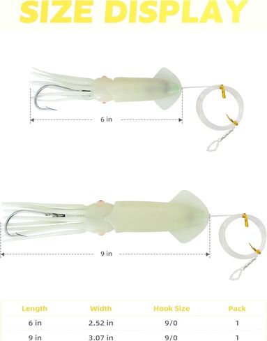 BLUEWING Upgraded Lighted Glow Squid Lure 9/12in Soft Fishing Trolling Squid Lure Water Activate LED Dual-End Flashing Lights Lure with SS Trolling Hook and 300lb Mono Line Deep Drop Light Up to 150h in Kuwait