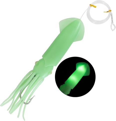 BLUEWING Upgraded Lighted Glow Squid Lure 9/12in Soft Fishing Trolling Squid Lure Water Activate LED Dual-End Flashing Lights Lure with SS Trolling Hook and 300lb Mono Line Deep Drop Light Up to 150h in Kuwait