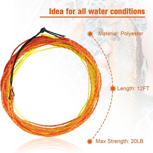 Goture Tenkara Line 2 قطعة خط صيد مدبب من البوليستر، خط طائر مضفر ملفوف، خط طيران بطول 12 قدم/3.6 متر، لون برتقالي مختلط in Saudi Arabia