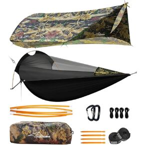 Hammock with Net and Rain Fly, 4 in 1 Multifunctional Camping Hammock Tent, Backpacking Hanging Hammocks with Tree Straps Swing, Heavy Rain Waterproof