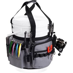 Fishing Bucket Organizer for 5 Gallon Bucket, Fishing Bucket Caddy with Adjustable Buckle, Rod & Plier Holder and Multi-Pockets for Fishing Gear