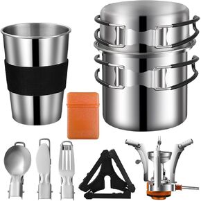 Camping Cookware Mess Kit, Stainless Steel Camping Cooking Set, Backpacking Cooking Set Backpacking Gear with Mini Stove for Camping,Backpacking,Picnic, Hiking