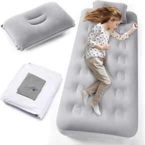 Camping Air Mattress for Kids Inflatable Air Bed Flocked Surface with Inflatable Camping Travel Pillow Travel Bed Sleeping Pad for Sleepover Outdoor Camping Tent Guest Travelling (Sky Blue)
