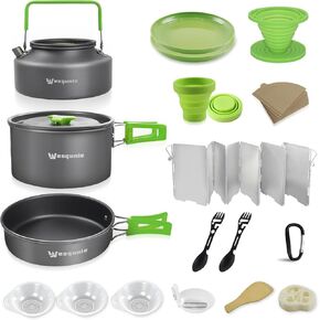 Camping Cookware Mess Kit for Outdoor Camp Cooking Set including Kettle Pot Pan Soup Spoon for Hiking Picnic Backpacking