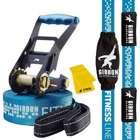 GIBBON Slacklines Fitness Line, blue, 15m, 12,5m line + 2,5m ratchet strap, for starters, beginners and fitness enthusiasts, incl. ratchet protection and ratchet with safety lock, 50mm/2" wide