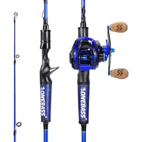 One Bass Fishing Rod and Reel Combo, IM7 Graphite 2 Pc Blank Baitcasting Combo, Spinning Rod with SuperPolymer Handle- 6' Casting Combo with Right Handed Reel- Blue
