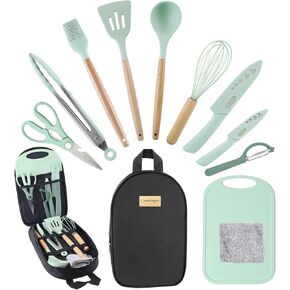 Camping Essentials Cooking Utensils Set - Portable Camp Kitchen Cookware Organizer with Storage Bag, Camper Gear Must Have Accessories Supplies for Travel RV BBQ Grill Picnic Hiking
