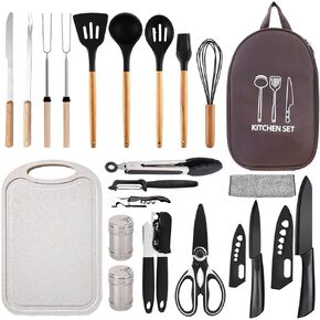 Camping Cooking Utensils Set Silicone Camp Kitchen Set, RV Camping Must Haves Camping Utensils Cooking Essentials, Travel Organizer Portable Camp Kitchen Kit with Storage Bag
