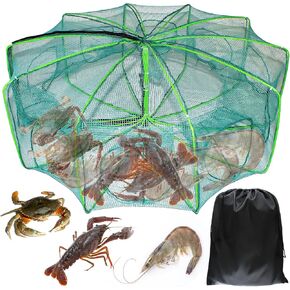 10 Sides 10 Holes Fishing Bait Trap, 32 * 10 Inch Portable Folded Fishing Nets for Minnow Crab Shrimp Crawdad, Upgrade Nylon Mesh Net Fishing Equipment