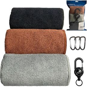 3 Pack Fishing Towels with one Heavy Duty Zinger Retractor & 3 Clips, 16x16'' Plush nap Microfiber Fabric, Ultra Absorbent Cleaning Accessories, Portable for Fly Fishing, Kayaking & Hiking