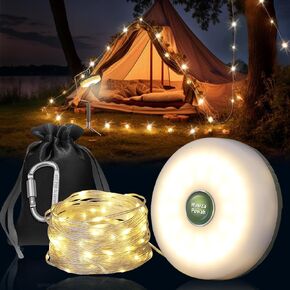 2 in 1 Camping String Lights Set - Outdoor Portable Stowable Camping Lights String & lanterns, 8 Modes (32.8ft) Retractable Camping Essentials Waterproof Camp Lights for Tent, Yard, Hiking
